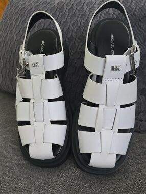 Michael Kors White Leather Basket-Weave Sandals with Black Sole